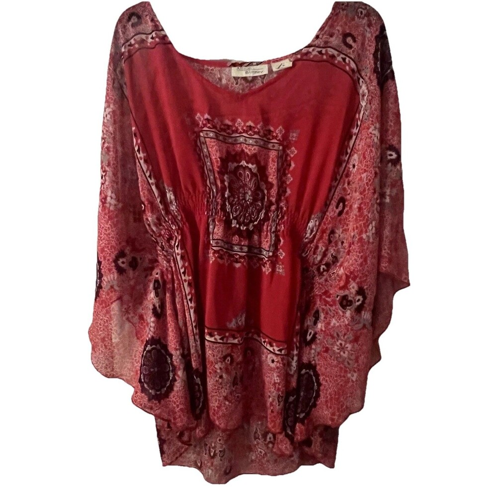Allison Brittney Blouse Batwing Sheer Tunic V-Neck Pullover Floral Top